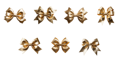 Collection of eight golden satin bows in various styles and sizes isolated on a transparent background for decorative use and graphic design projects