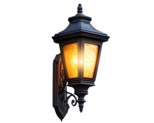 A European-style outdoor wall lamp with a warm lighting effect, warm color tone, transparent background,