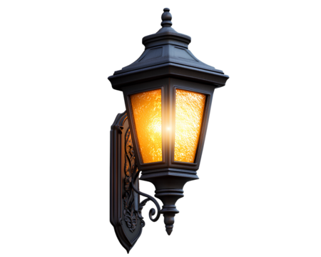 A European-style outdoor wall lamp with a warm lighting effect, warm color tone, transparent background,