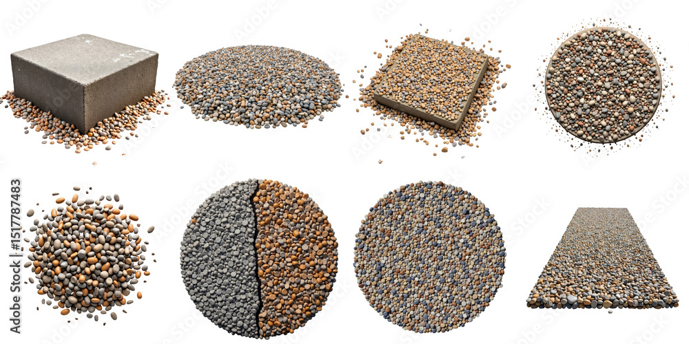 Poster exposed aggregate concrete textures featuring various colored pebbles and gravel, displayed on a tra