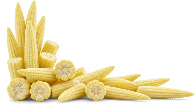 Composition of fresh baby corn cob pile, culinary ingredient close up