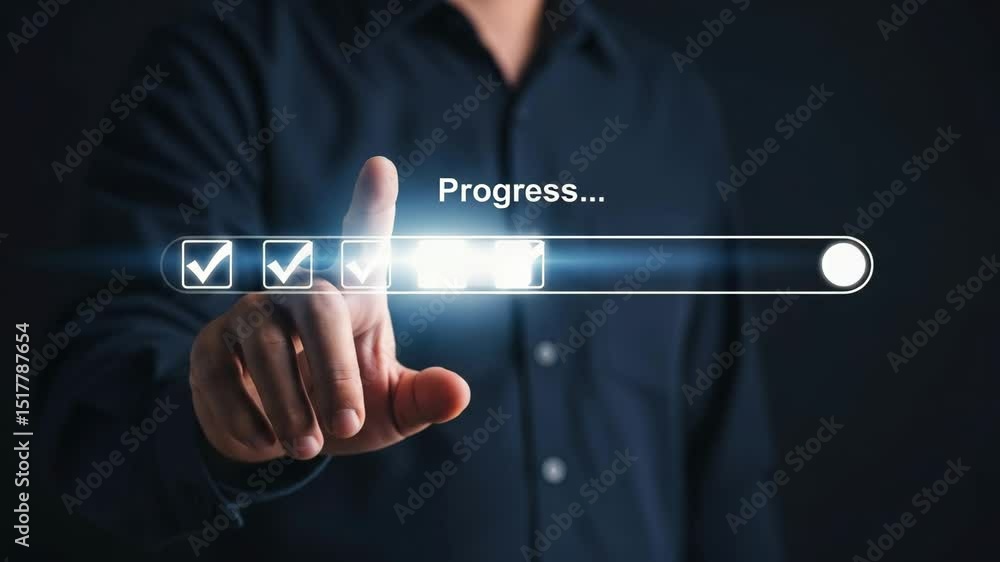 Aufkleber A person touching a progress bar with check marks on a dark background with progress text above