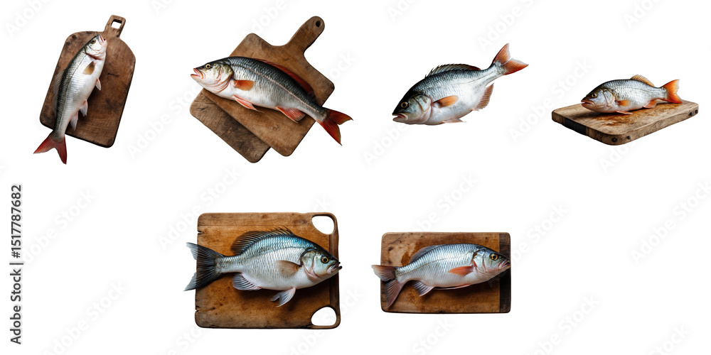 Aufkleber multiple fresh common rudd fish displayed on wooden cutting boards isolated on transparent backgroun