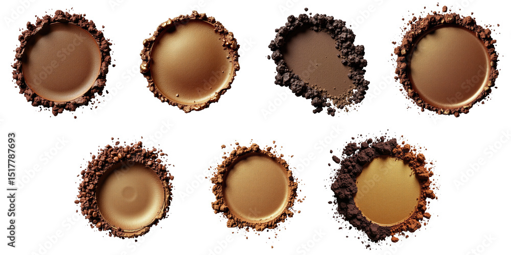 Poster metallic brown and gold eyeshadow textures arranged in circular patterns with various shades on tran