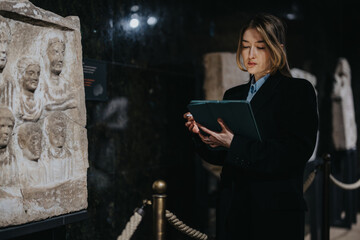 A museum professional examining ancient relief art on display, holding a tablet, illustrating the...