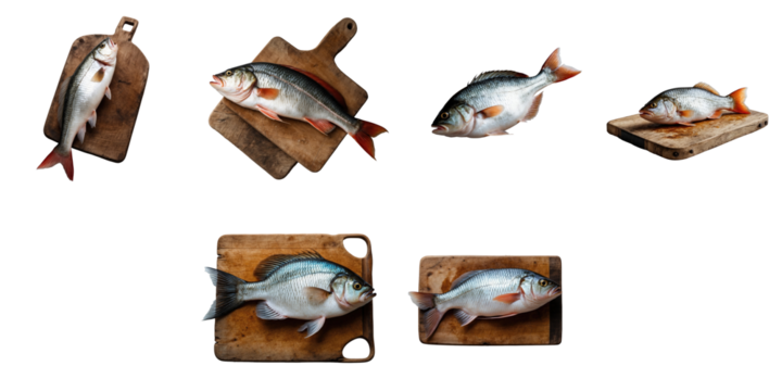 Multiple fresh common rudd fish displayed on wooden cutting boards isolated on transparent background showing different angles and arrangements for culinary presentation