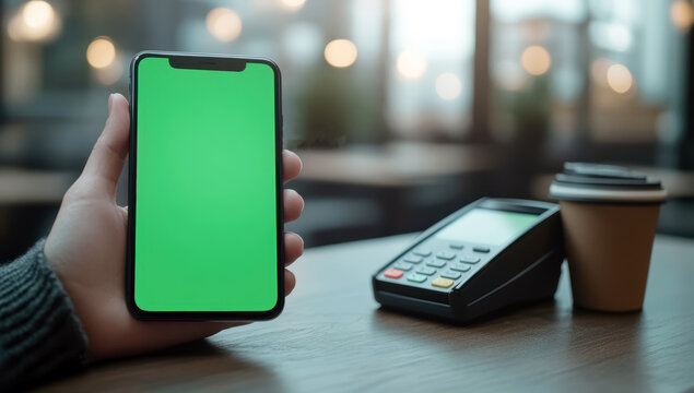 Hand holding a smartphone with a vibrant green screen positioned near a pos terminal while making a contactless payment at a cafe - Powered by Adobe