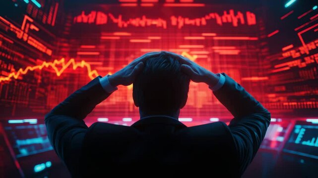 Businessman stock market financial crisis with red graph stress and loss, trading technology digital screen, economic downturn as stressed businessman stands front of large digital screens displaying