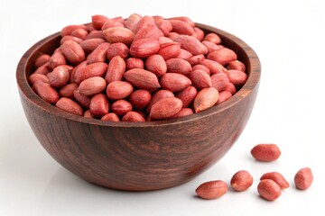 Red peanuts in a wooden bowl isolated on white background