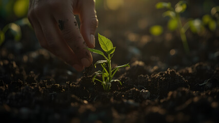 Hands Planting Seedlings in Garden Soil