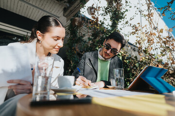A duo of colleagues engaging in a productive business meeting outdoors under natural light.