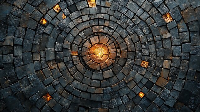 Mystic circular cobblestone design radiating light from the center abstract texture