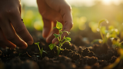 Hands Planting Seedlings in Garden Soil