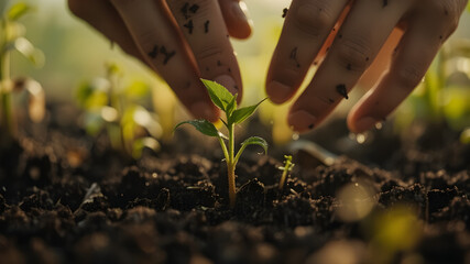 Hands Planting Seedlings in Garden Soil