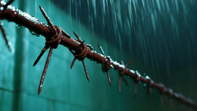 Barbed wire fence with sharp metal spikes heavy rain, close up view showing water droplets and dramatic lighting, evoking sense of danger and isolation, wet and glistening rain, creating moody