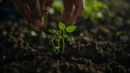 Hands Planting Seedlings in Garden Soil