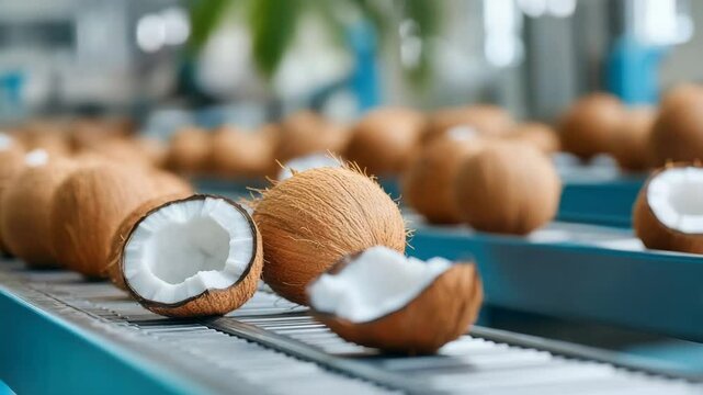 Fresh coconut tropical fruit with brown shell and white flesh conveyor belt food production factory, showcasing organic healthy processing of fresh coconuts as natural ingredient agriculture