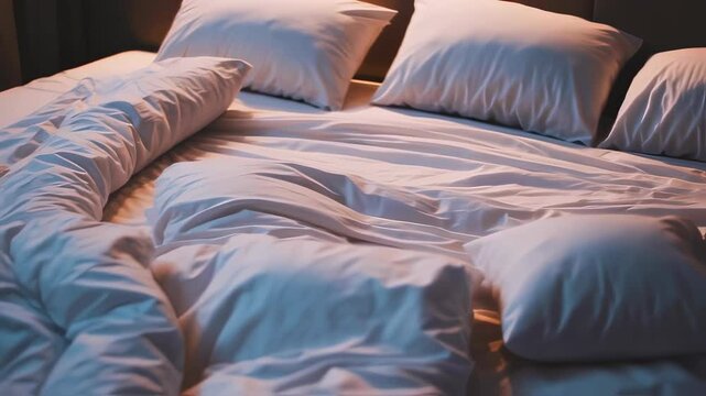 Wrinkled sheets crease as pillows settle on an untidy bed in morning light
