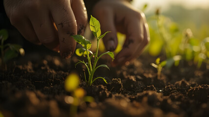 Hands Planting Seedlings in Garden Soil