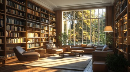 Warmth of Sunlight in a Cozy Library Interior with Books and Comfortable Seating