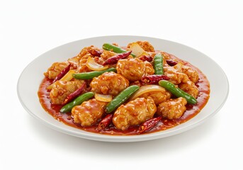 Delicious orange chicken served on a white plate with vibrant garnish