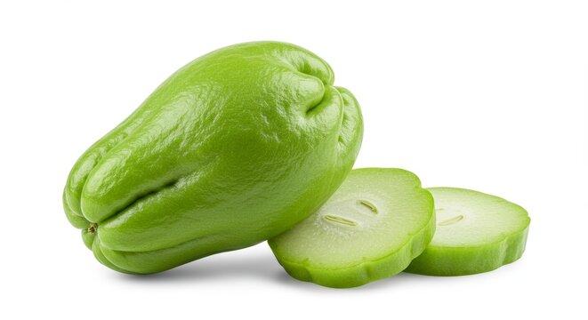 Fresh chayote squash with slices, vibrant green color, healthy ingredient