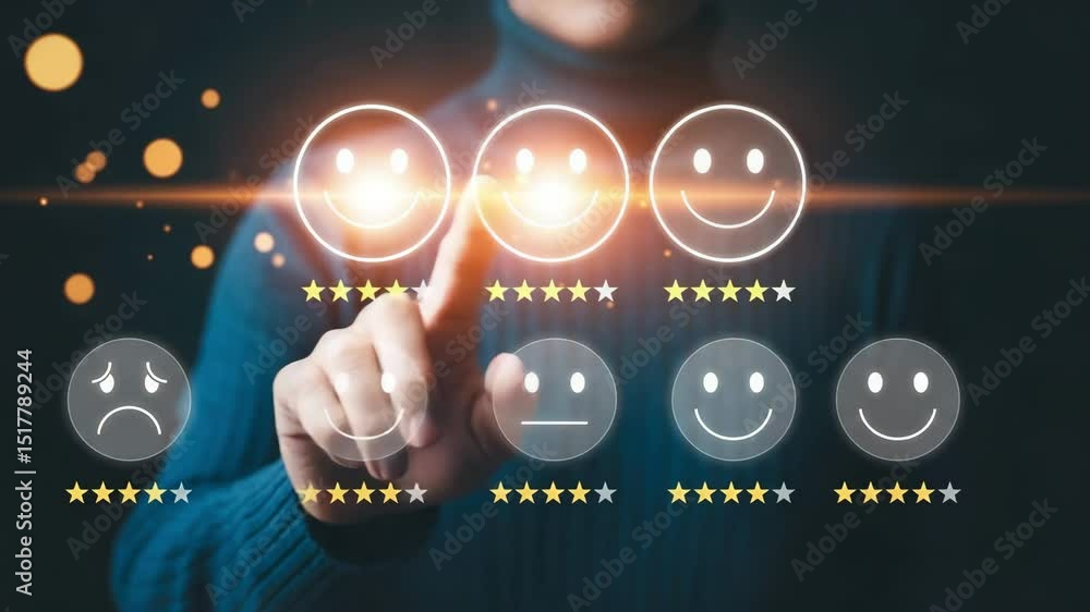 Poster Person touching glowing smiley face on digital display with star rating system interface shown