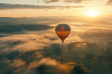 Obraz premium Travel on a Hot Air Balloon Over an Inspirational Landscape with Sunrise and Colorful Sky – Summer Holiday 