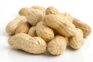 A pile of shelled peanuts in their shells isolated on white background