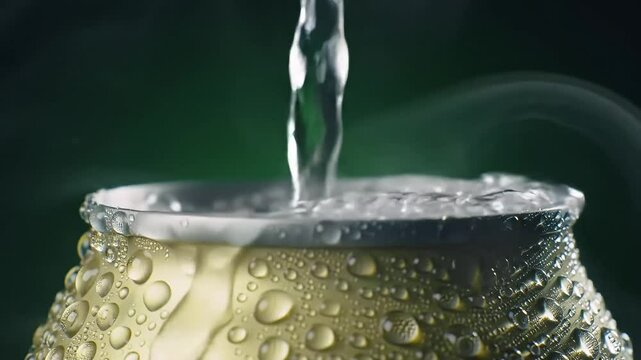 Icy beverage can with condensation and a refreshing water stream cascade