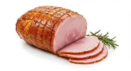 Exquisite glazed ham roast with perfectly carved slices served on display