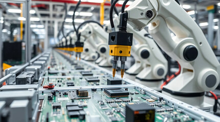 Fototapeta premium Circuit board components assembly. Automated PCB assembly line with robotic arm in electronics factory.