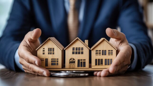 Businessman protecting property models