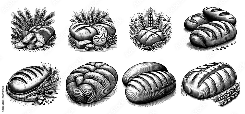 Poster bread and wheat set collection bundle sketch engraving generative ai png illustration. scratch board