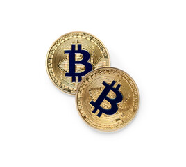 Golden bitcoins on white background, top view