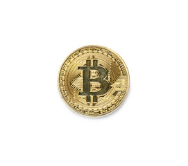 Golden bitcoin on white background, top view