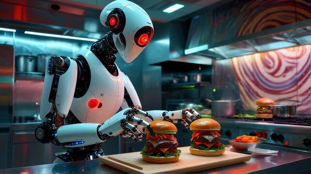 Futuristic robot chef preparing gourmet burgers in hightech kitchen scene
