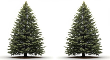 Fototapeta premium Symmetrical arrangement of two evergreen trees, isolated on a clean white backdrop