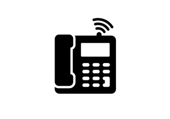 Illustration of a black office phone with a handset and antenna on a white background