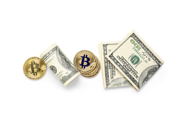 Bitcoins and dollar banknotes on white background