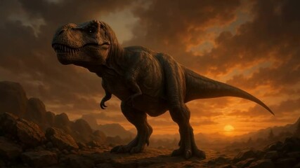 A Tyrannosaurus rex stands aggressively on rocky terrain during sunset. The dinosaur with sharp teeth and muscular limbs. Apex predator in the prehistoric era - Powered by Adobe