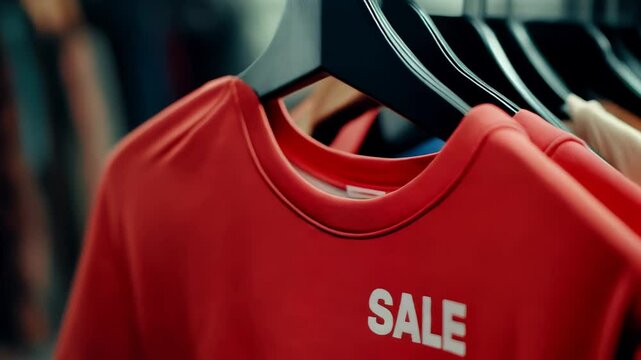 Male shoppers exploring colorful clothing rack featuring promotional sale items in busy retail store