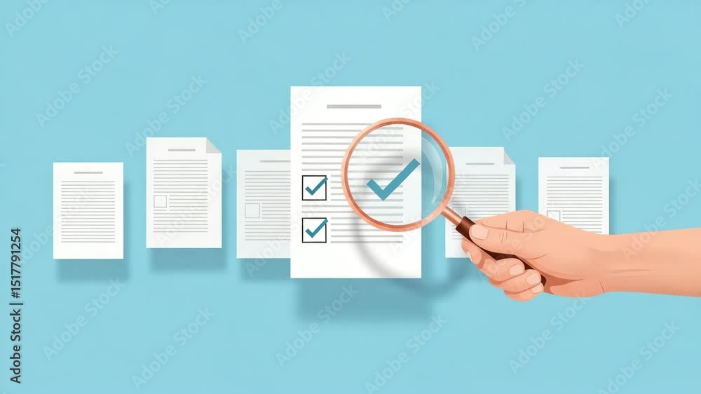 Poster Hand holding magnifying glass over checklist document on blue background with paper sheets row