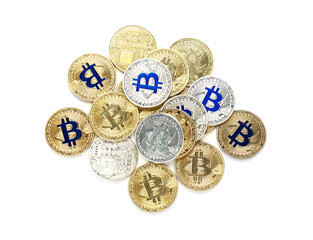 Different bitcoins on white background, top view