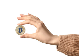 Female hand holding golden bitcoin on white background