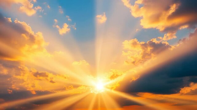 Radiant sunlight and sunbeam shine through dramatic orange, yellow, and blue clouds vibrant sky, creating bright and uplifting atmosphere sunrise or sunset, perfect for hope, inspiration