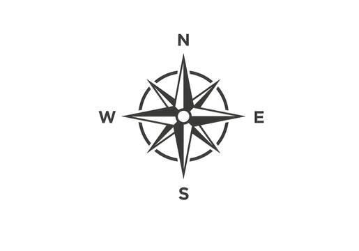 A compass rose with eight points and cardinal directions on a white background in a simple style