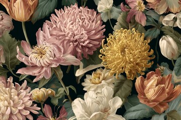 Dark Background Vintage Floral Pattern with Pink and Yellow Chrysanthemums