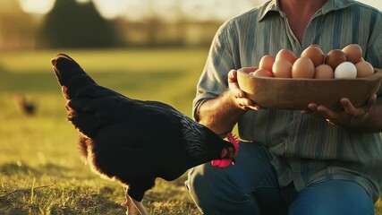 Happy farmer collects fresh eggs from his hens during sunset in the countryside