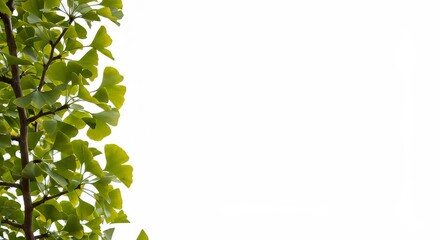 Fresh ginkgo biloba foliage forming a natural border on white backdrop